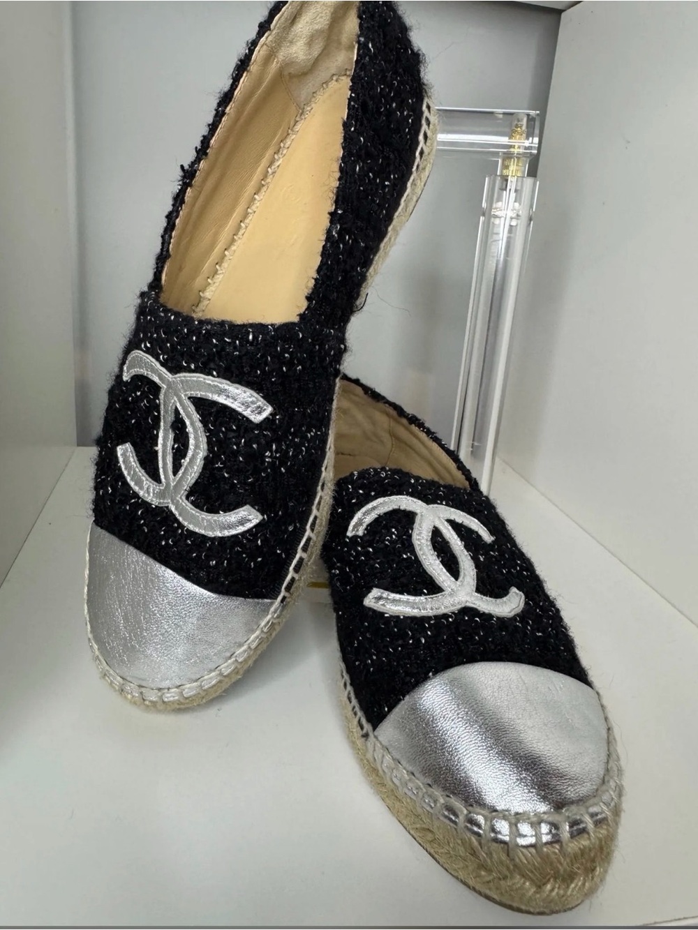 CHANEL Black Tweed Espadrilles with Silver Toe